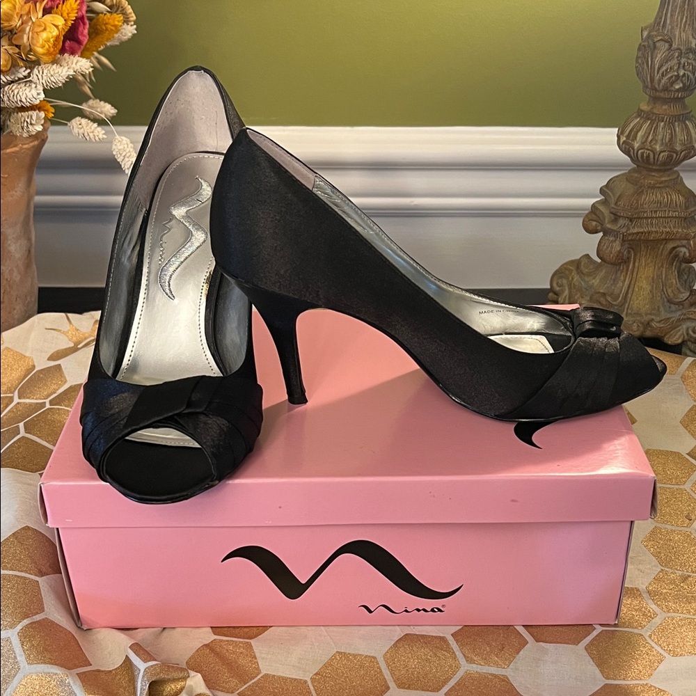 Nina Elegant Black Satin Heels with box